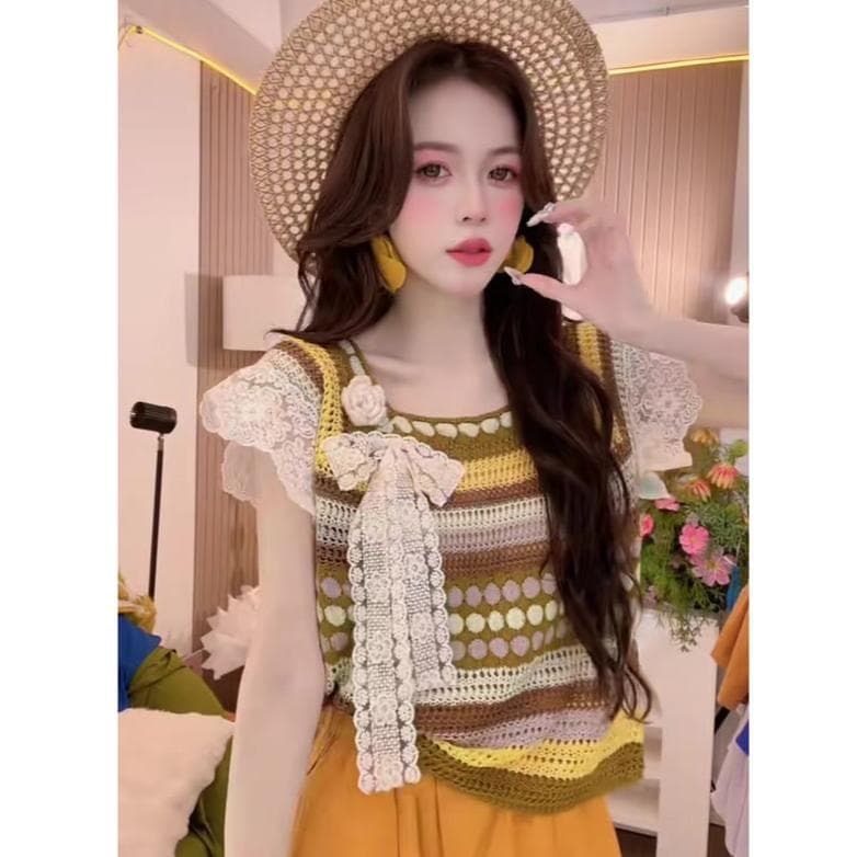 슈퍼 화재 작은 대중 아니요 명중 섹션 세트 여성 여름 보헤미안 바람 배색 자수 레이스 레이스 소매 쇼트 스타일 맨위