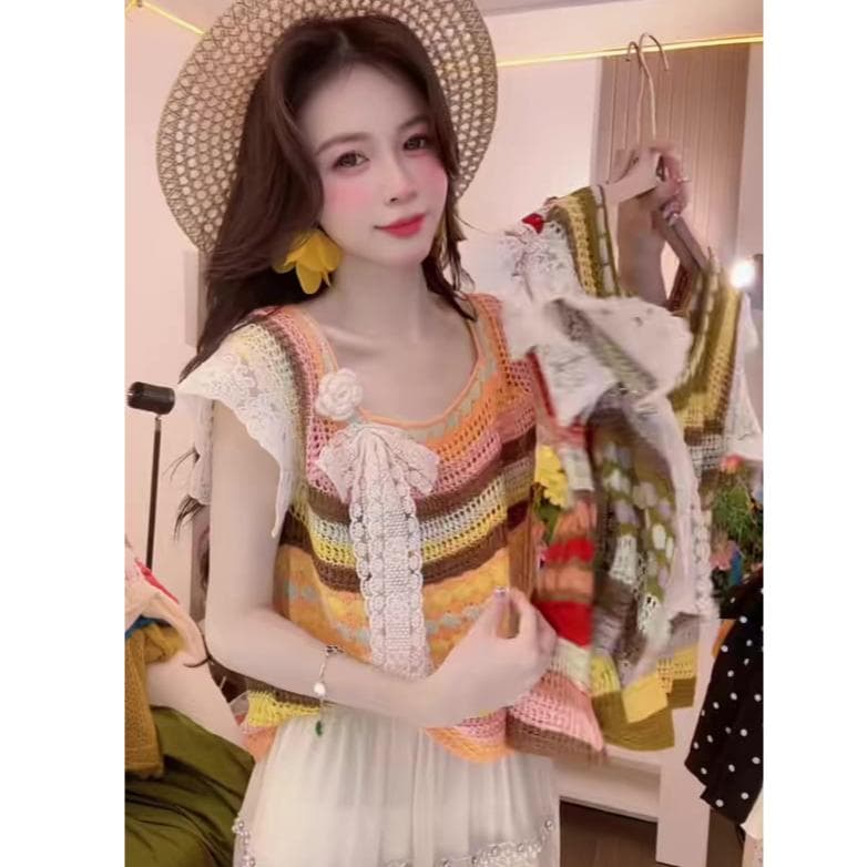 슈퍼 화재 작은 대중 아니요 명중 섹션 세트 여성 여름 보헤미안 바람 배색 자수 레이스 레이스 소매 쇼트 스타일 맨위 상세 이미지 1