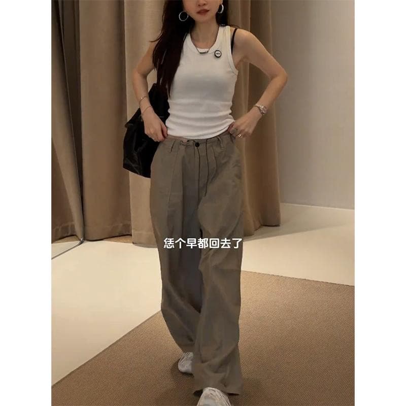 아메리칸 높음 거리 펌프 로프 워크웨어 캐주얼 바지 여성 여름 새로운 하이웨이스트 슬림해 보이는 와이드 레그 팬츠 운동 바지 롱 바지 이미지 2