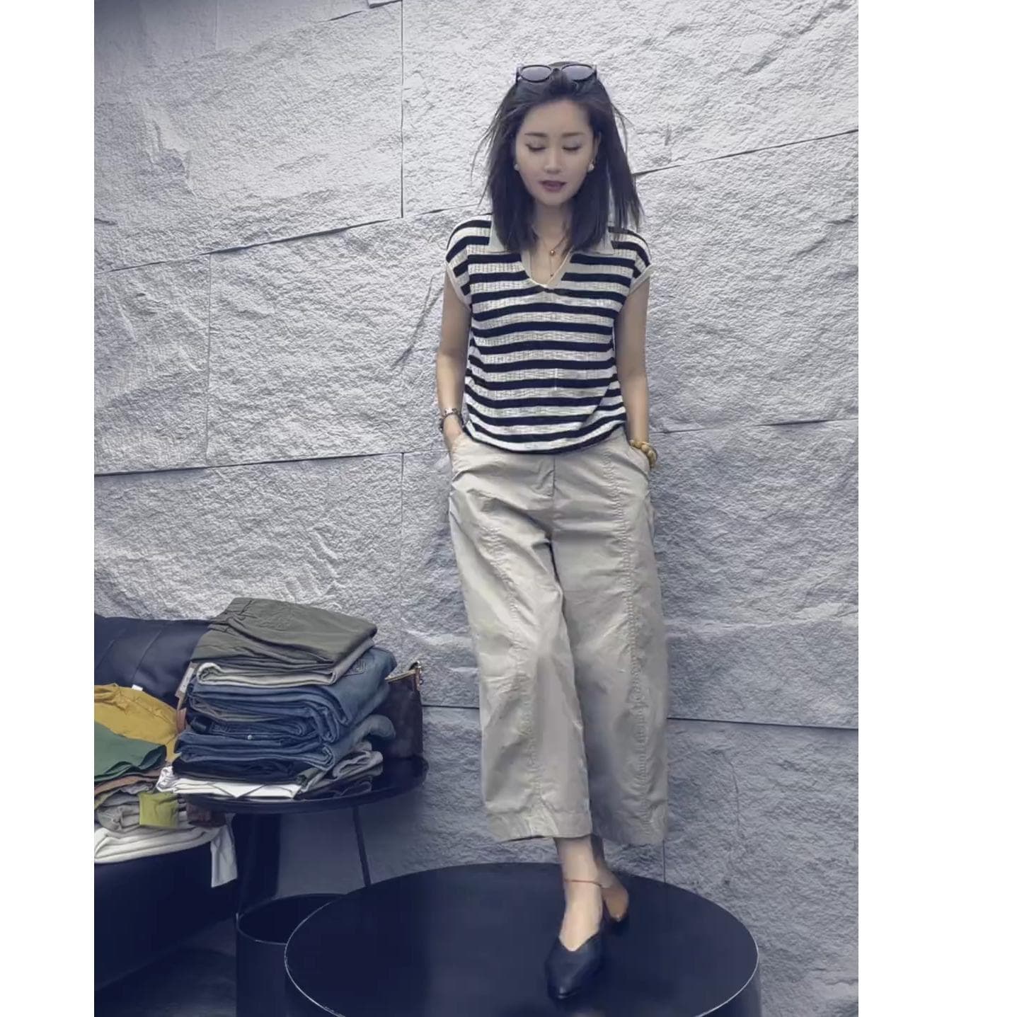 POLO 칼라 스트라이프 니트 반팔 맨위 여성 여름 새로운 디자인 센스 프랑스식 품격 고급 센스 다용도 티셔츠 이미지 2