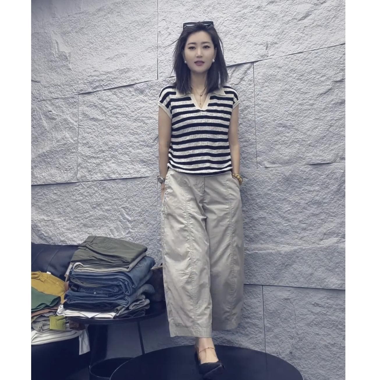 POLO 칼라 스트라이프 니트 반팔 맨위 여성 여름 새로운 디자인 센스 프랑스식 품격 고급 센스 다용도 티셔츠 상세 이미지 2