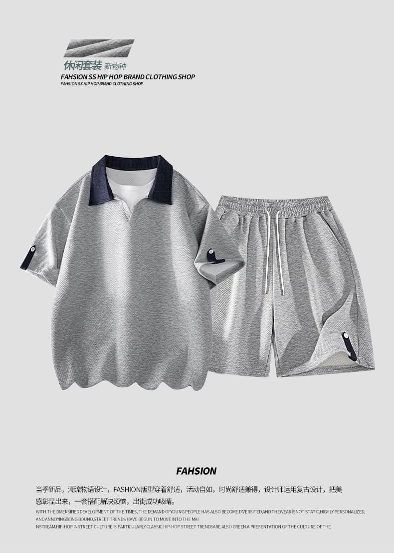 아메리칸 폴로 칼라 페이크 레이어드 티셔츠 캐주얼 반바지 투피스 세트 2026 여름 POLO 셔츠 오부 바지 남성 세트 상세 이미지 1