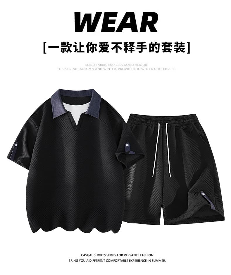 아메리칸 폴로 칼라 페이크 레이어드 티셔츠 캐주얼 반바지 투피스 세트 2026 여름 POLO 셔츠 오부 바지 남성 세트 상세 이미지 5
