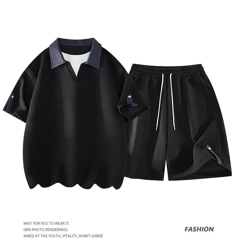 아메리칸 폴로 칼라 페이크 레이어드 티셔츠 캐주얼 반바지 투피스 세트 2026 여름 POLO 셔츠 오부 바지 남성 세트 상세 이미지 13