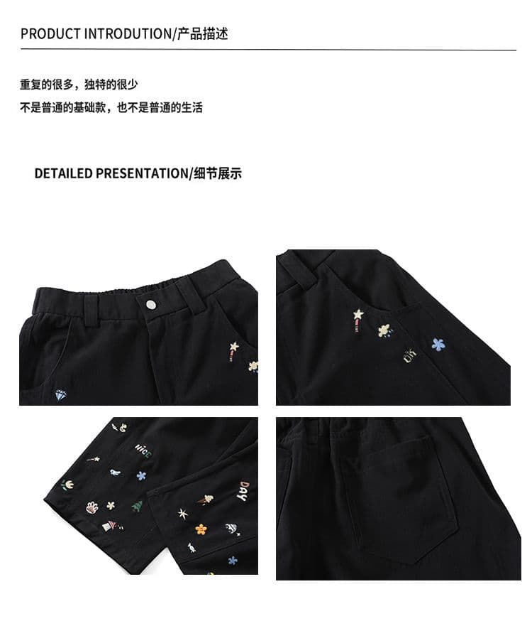 면 100% 만화 자수 모통이 칼 바지 2026 봄 가을 새로운 셔틀 위버 로드 중 남녀 커플 바지 항구 바람 캐주얼 바지 상세 이미지 2