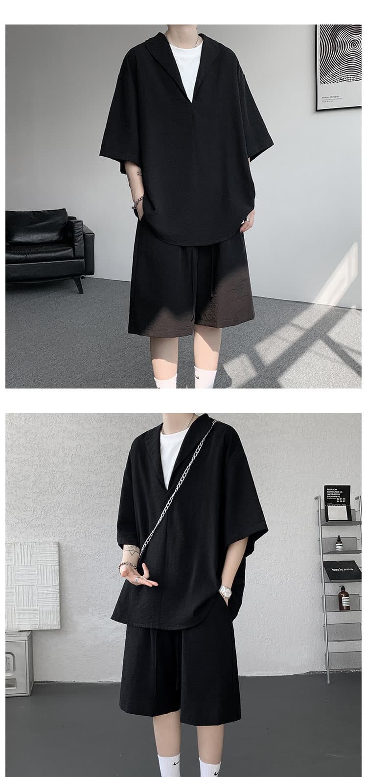 국경 간 빅 사이즈 m-8x 아마 캐주얼 세트 남자 라이 경기 서울 통기성 페이크 레이어드 티셔츠 맨위 반바지 투피스 세트 상세 이미지 22