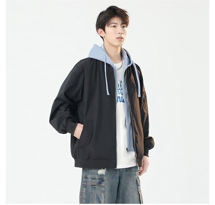 남성 아메리칸 플라잉 후드 페이크 레이어드 재킷 봄 가을 커플 섹션 야구 외투 캐주얼 루즈핏 운동복 상세 이미지 17