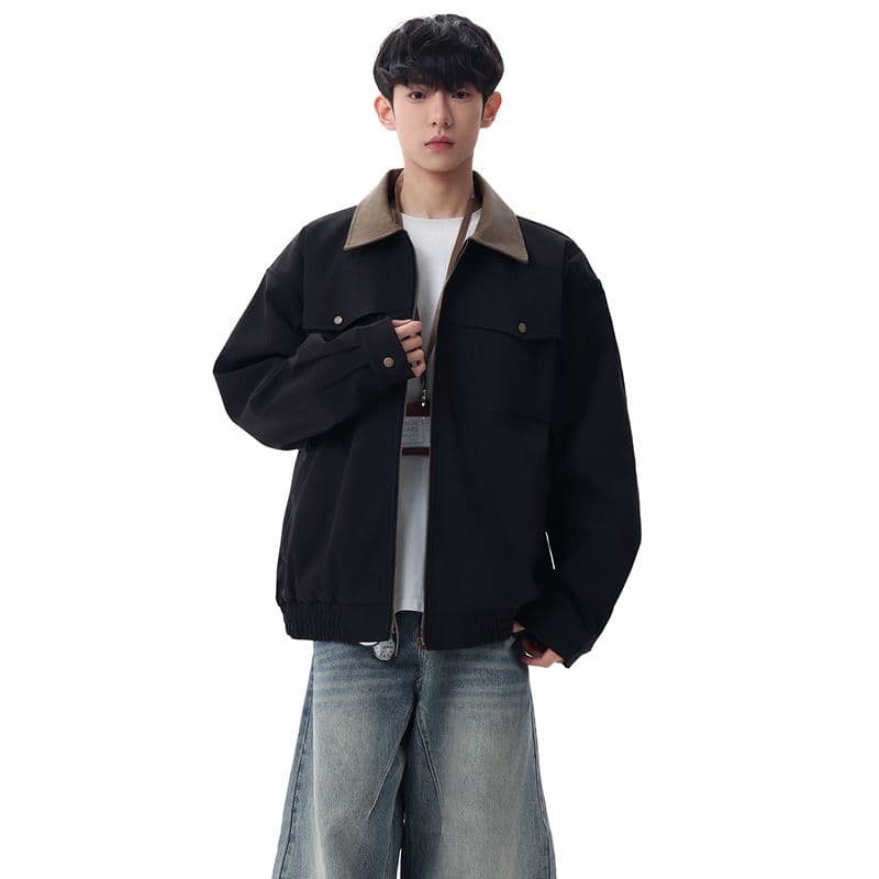 고급 센스 레트로 루즈핏 폴로 칼라 가죽 자켓 재킷 남성 의류 봄 가을 배색 아메리칸 캐주얼 비즈니스 출퇴근 재킷