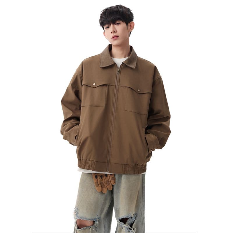 고급 센스 레트로 루즈핏 폴로 칼라 가죽 자켓 재킷 남성 의류 봄 가을 배색 아메리칸 캐주얼 비즈니스 출퇴근 재킷 이미지 5