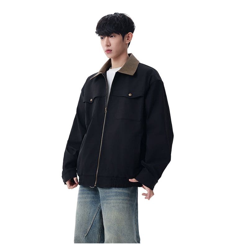 고급 센스 레트로 루즈핏 폴로 칼라 가죽 자켓 재킷 남성 의류 봄 가을 배색 아메리칸 캐주얼 비즈니스 출퇴근 재킷 상세 이미지 17