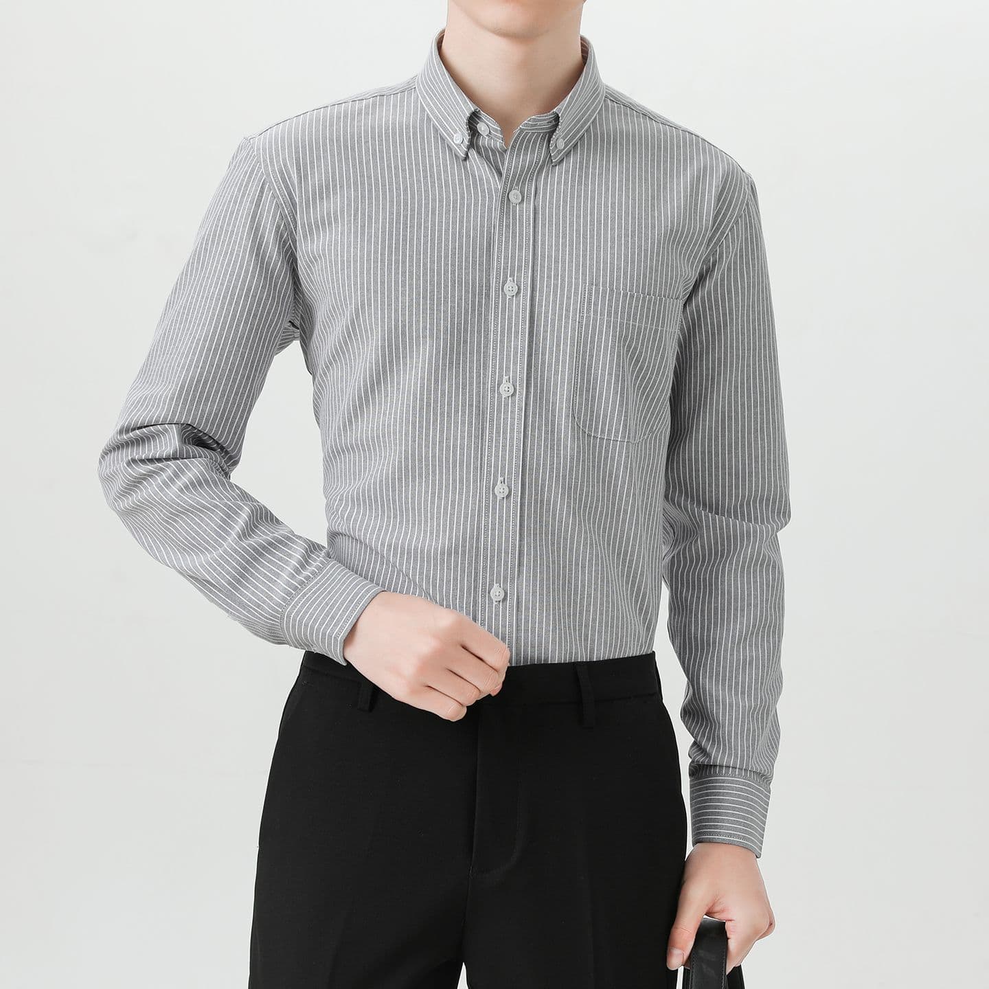 순면 스트라이프 비즈니스 셔츠 남성 캐주얼 긴팔 셔츠 봄 가을 경력 몸매 가꾸기 무료 뜨거운 저항 주름 인사이드 잡아라. 의류 이미지 3
