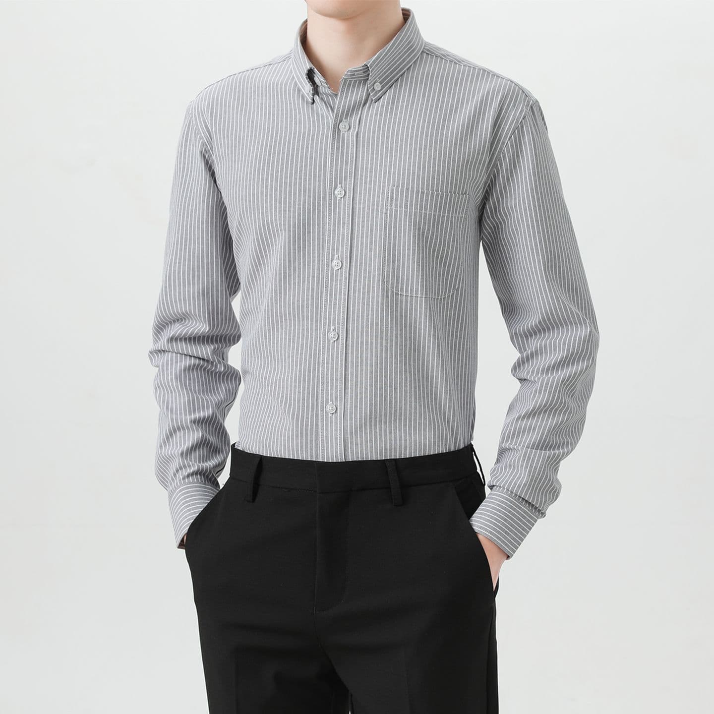 순면 스트라이프 비즈니스 셔츠 남성 캐주얼 긴팔 셔츠 봄 가을 경력 몸매 가꾸기 무료 뜨거운 저항 주름 인사이드 잡아라. 의류 이미지 5