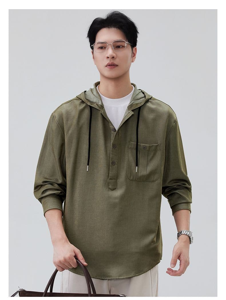 국경 간 모방 데님 후드 주머니 후드티 남자 단색 미니멀리즘 캐주얼 패션 조수 브랜드 남성 의류 풀오버 질감 맨위 상세 이미지 18