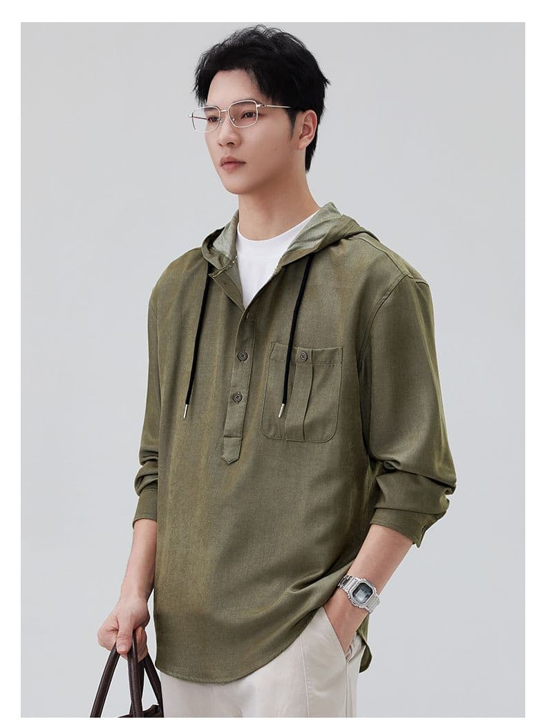 국경 간 모방 데님 후드 주머니 후드티 남자 단색 미니멀리즘 캐주얼 패션 조수 브랜드 남성 의류 풀오버 질감 맨위 상세 이미지 20