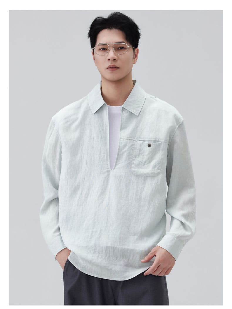 국경 간 아마 주간 실크 페이크 레이어드 패치워크 긴팔 POLO 셔츠 남성 미니멀리즘 캐주얼 단색 주머니 루즈핏 맨위 상세 이미지 16