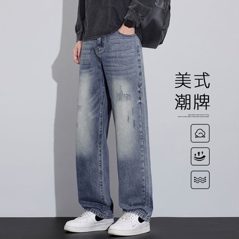 남성 새로운 가을 먹물 아메리칸 조수 브랜드 루즈핏 넓은 다리 캐주얼 다용도 스트레이트 청바지 트렌드 긴 바지 이미지 2