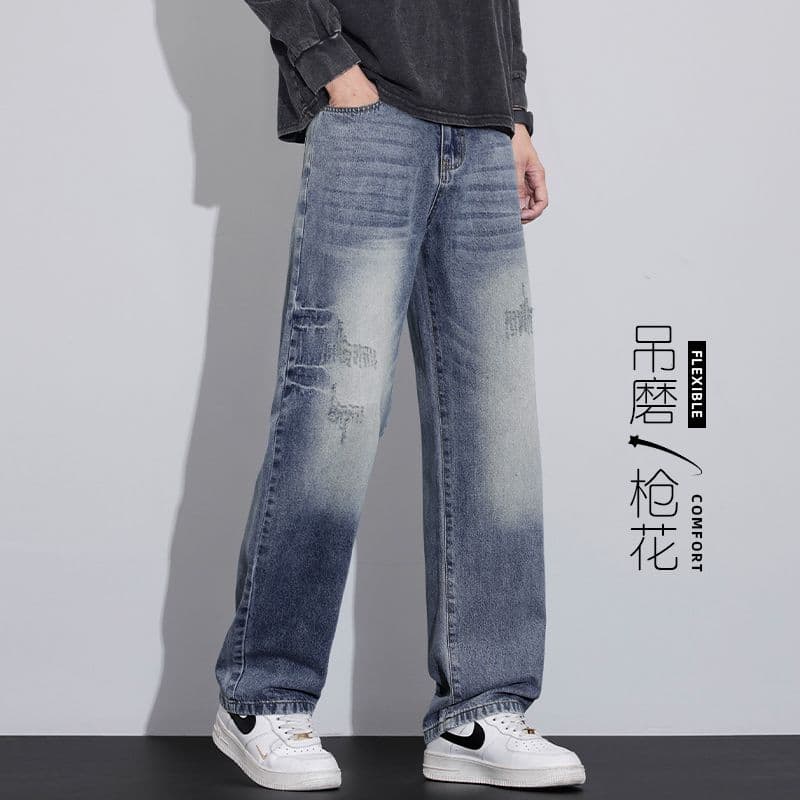 남성 새로운 가을 먹물 아메리칸 조수 브랜드 루즈핏 넓은 다리 캐주얼 다용도 스트레이트 청바지 트렌드 긴 바지 이미지 3