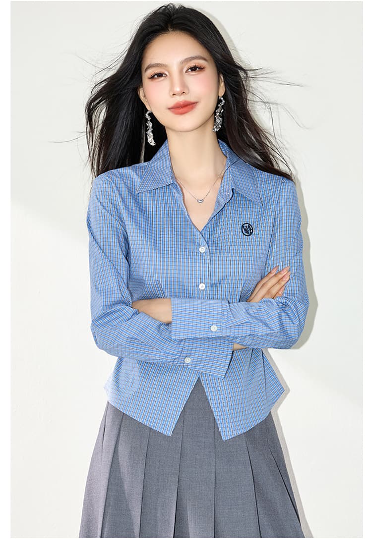 실사 파란색 여성 셔츠 2026 년 가을 새로운 허리 수축 프랑스식 몸매 가꾸기 긴팔 체크무늬 맨위 상세 이미지 6