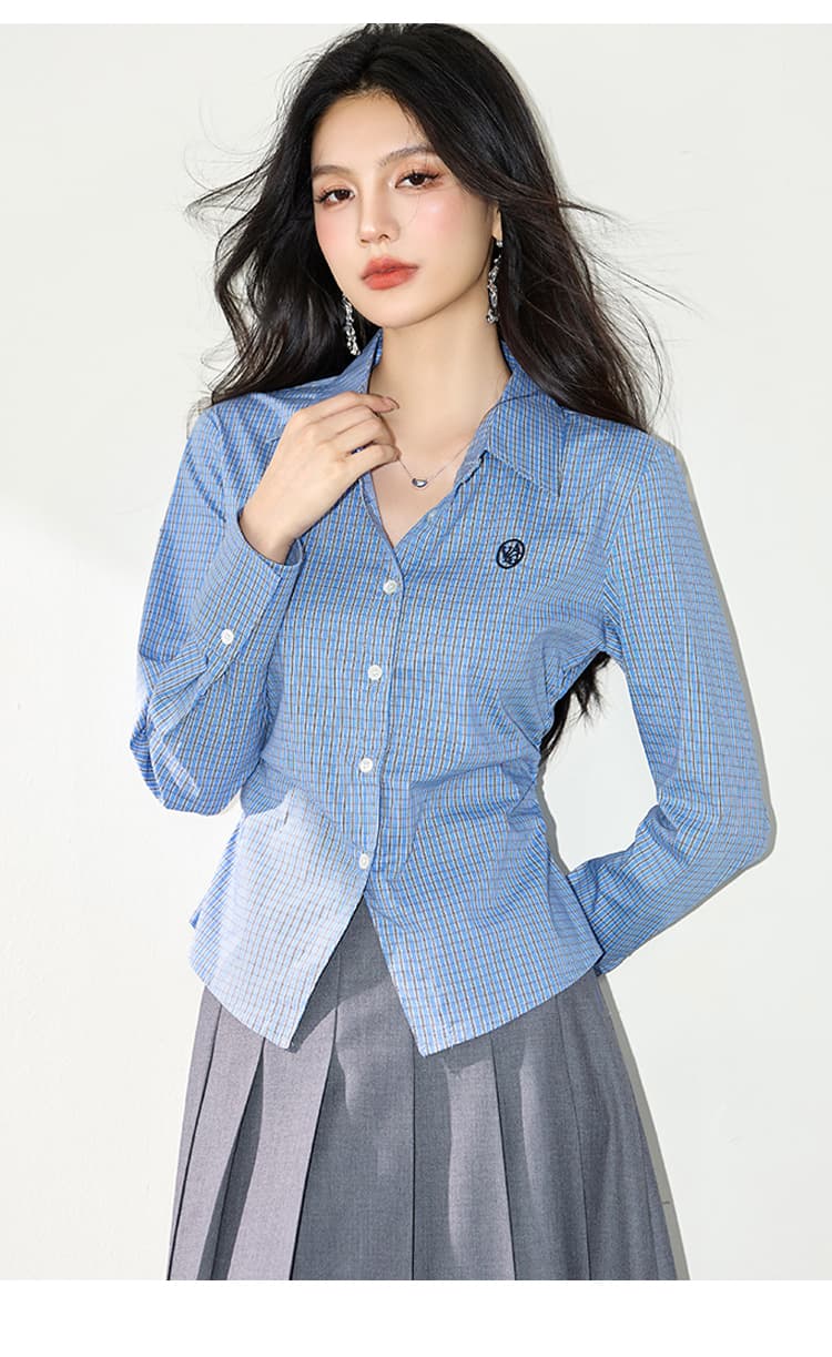 실사 파란색 여성 셔츠 2026 년 가을 새로운 허리 수축 프랑스식 몸매 가꾸기 긴팔 체크무늬 맨위 상세 이미지 9
