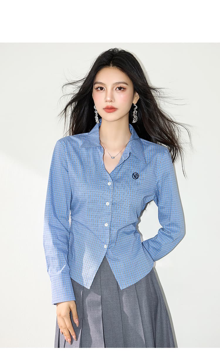 실사 파란색 여성 셔츠 2026 년 가을 새로운 허리 수축 프랑스식 몸매 가꾸기 긴팔 체크무늬 맨위 상세 이미지 11