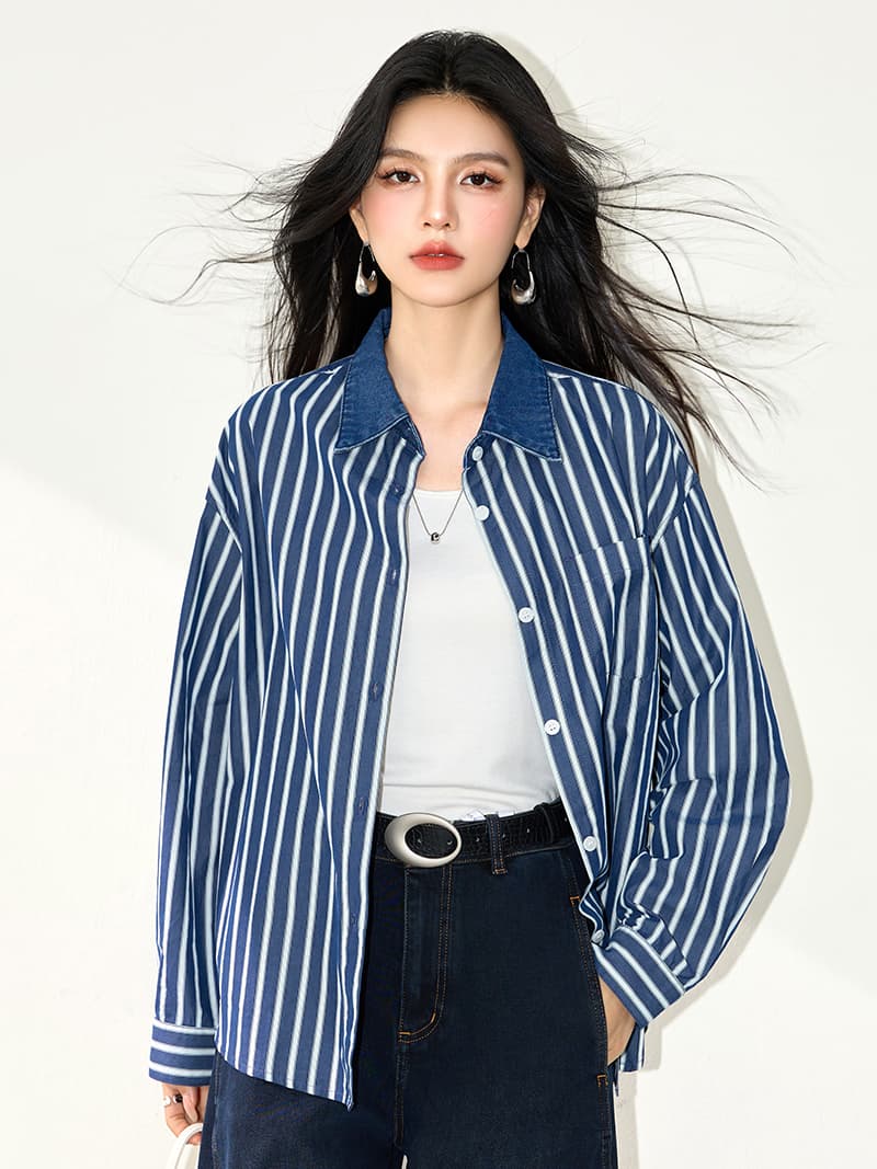실사 레트로 진한 파란색 스트라이프 긴팔 여성 셔츠 2026 가을 새로운 지불 루즈핏 캐주얼 맨위 이미지 4