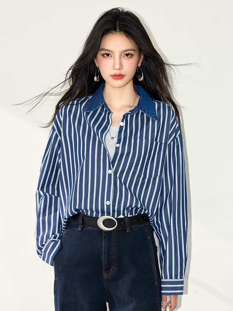 실사 레트로 진한 파란색 스트라이프 긴팔 여성 셔츠 2026 가을 새로운 지불 루즈핏 캐주얼 맨위 이미지 2