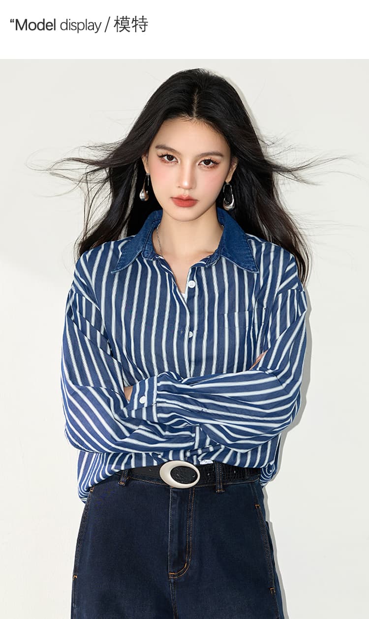 실사 레트로 진한 파란색 스트라이프 긴팔 여성 셔츠 2026 가을 새로운 지불 루즈핏 캐주얼 맨위 상세 이미지 3