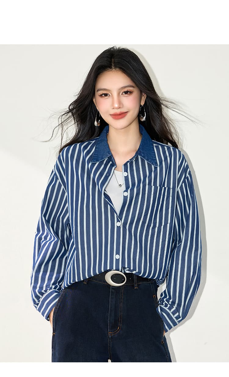 실사 레트로 진한 파란색 스트라이프 긴팔 여성 셔츠 2026 가을 새로운 지불 루즈핏 캐주얼 맨위 상세 이미지 11