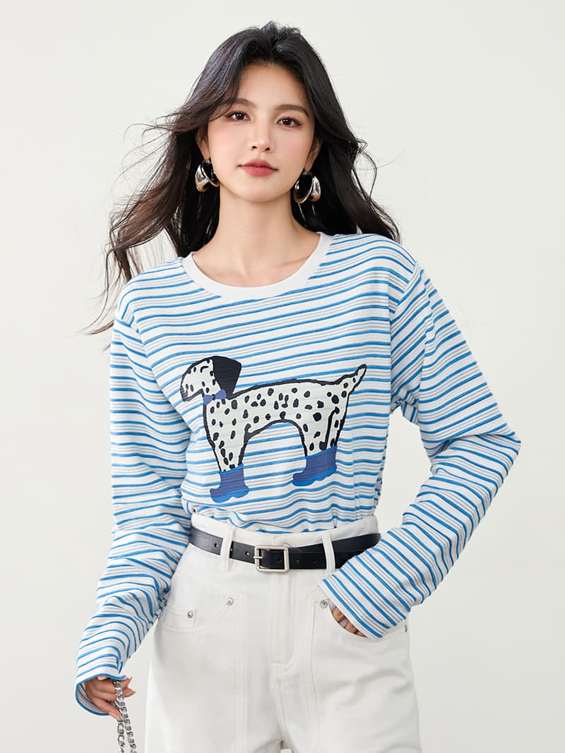실사 파란색 스트라이프 강아지 긴팔 티셔츠 2026 가을 새로운 레트로 아메리칸 캐주얼 기본 셔츠 맨위 이미지 2