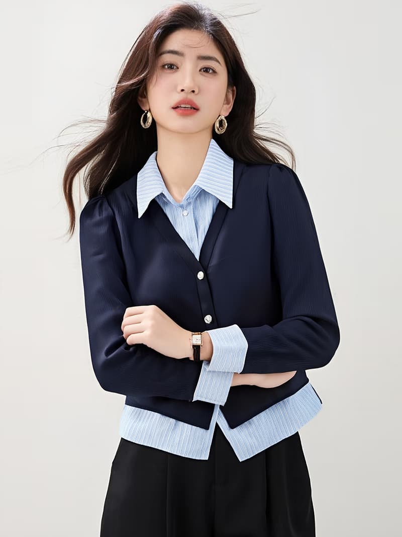 실사 2026 새로운 학원 스타일 페이크 레이어드 스트라이프 polo 셔츠 칼라 맨위 스택 착용 여성 후드티 이미지 2
