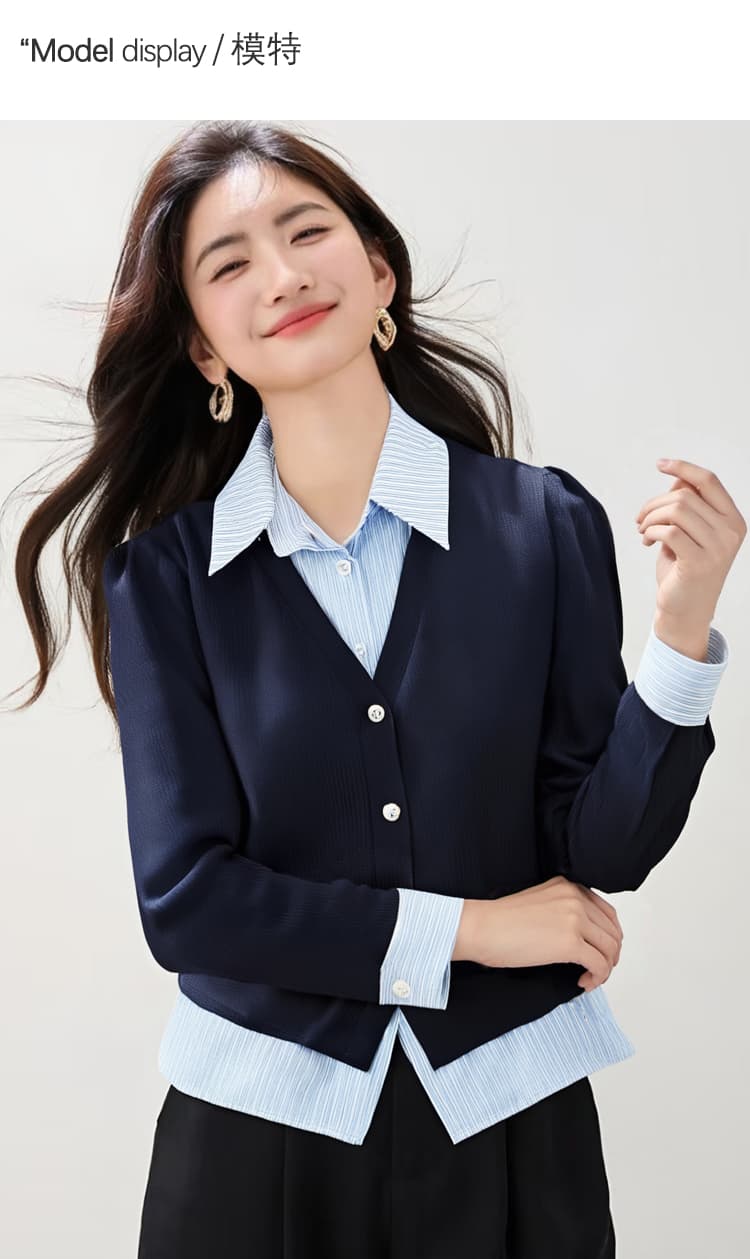 실사 2026 새로운 학원 스타일 페이크 레이어드 스트라이프 polo 셔츠 칼라 맨위 스택 착용 여성 후드티 상세 이미지 4