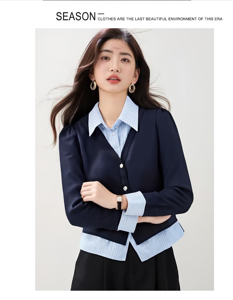 실사 2026 새로운 학원 스타일 페이크 레이어드 스트라이프 polo 셔츠 칼라 맨위 스택 착용 여성 후드티 상세 이미지 5