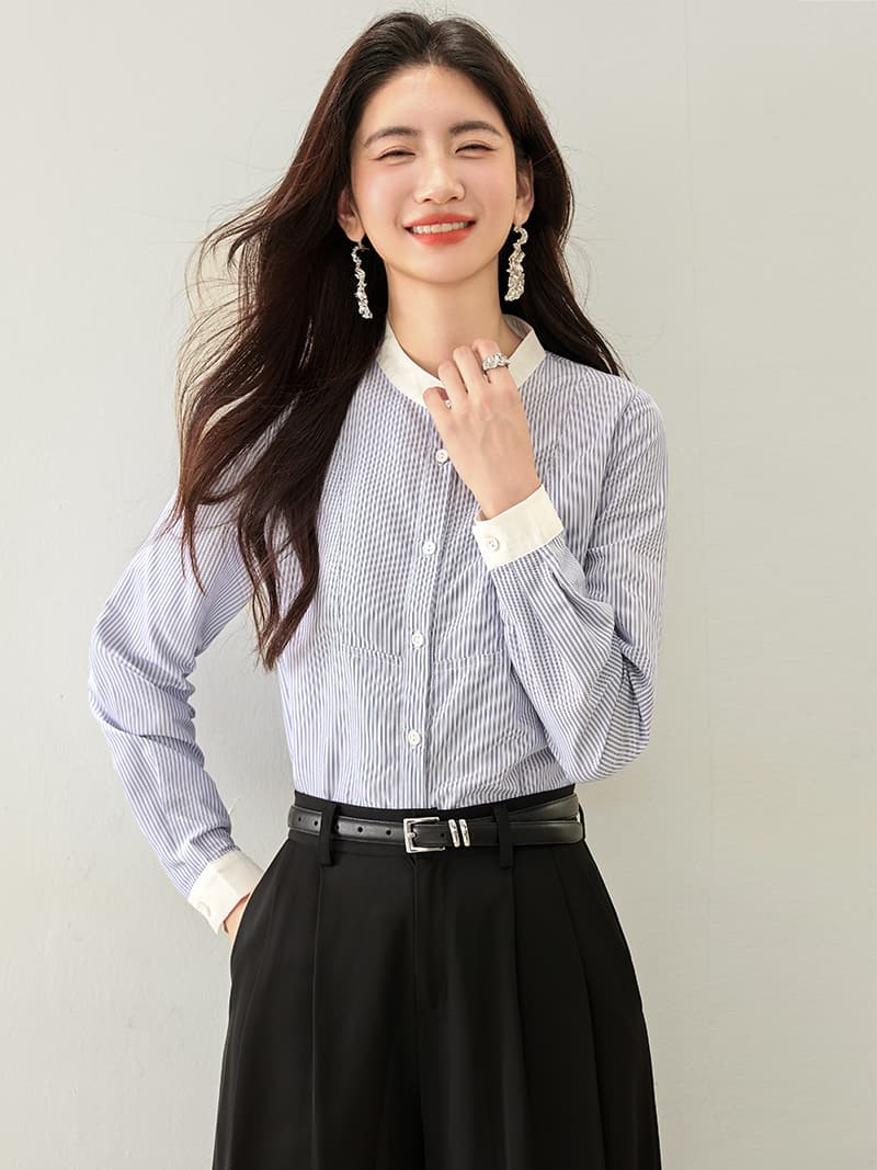 실사 라운드 넥 스트라이프 여성 셔츠 가을 2026 새로운 작은 대중 프랑스식 품격 캐주얼 긴팔 맨위 이미지 4