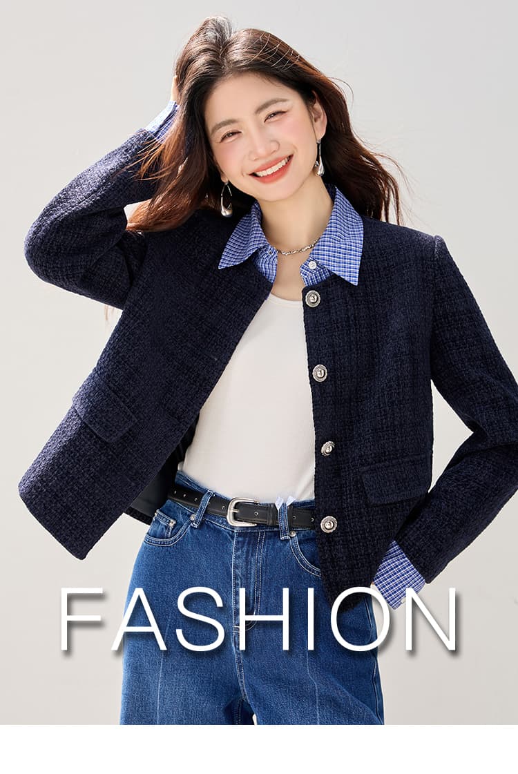 탈착식 칼라 2026 겨울 새로운 레트로 페이크 레이어드 패치워크 향기로운 질감 재킷 폴로 칼라 루즈핏 짧은 여성 상세 이미지 1