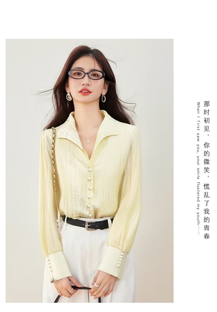 실사 질감 센스 작은 폴로 칼라 여성 셔츠 2026 가을 레트로 V넥 단추 긴팔 셔츠 작은 대중 디자인 센스 상세 이미지 4