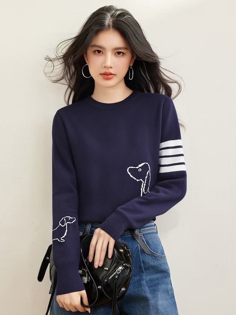 한 부서 학원 강아지 자카드 라운드 넥 양모 혼방 스웨터 여자 루즈핏 슬림해 보이는 다용도 니트 스웨터 맨위 이미지 4