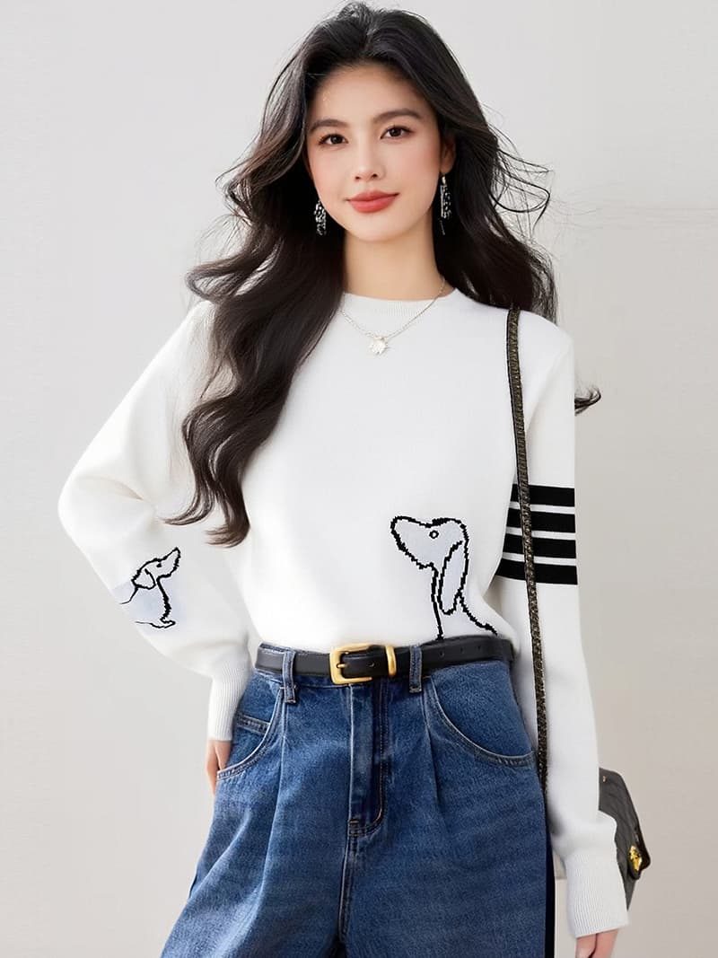 한 부서 학원 강아지 자카드 라운드 넥 양모 혼방 스웨터 여자 루즈핏 슬림해 보이는 다용도 니트 스웨터 맨위
