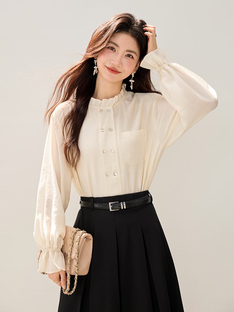 루즈핏 여성 셔츠 2026 년 봄 가을 새로운 프릴 칼라 한국 스타일 나팔 소매 셔츠