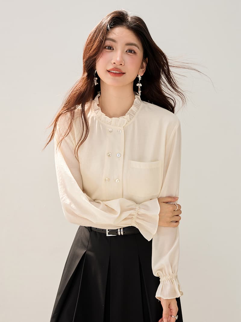 루즈핏 여성 셔츠 2026 년 봄 가을 새로운 프릴 칼라 한국 스타일 나팔 소매 셔츠 이미지 3