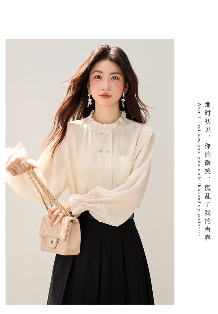 루즈핏 여성 셔츠 2026 년 봄 가을 새로운 프릴 칼라 한국 스타일 나팔 소매 셔츠 상세 이미지 5