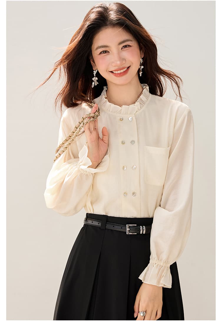 루즈핏 여성 셔츠 2026 년 봄 가을 새로운 프릴 칼라 한국 스타일 나팔 소매 셔츠 상세 이미지 6