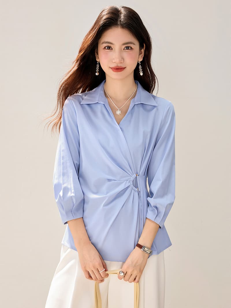 디자인 센스 해체 파란색 여성 셔츠 허리 수축 주름 출퇴근 셔츠
