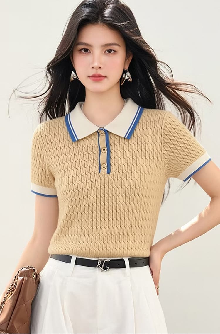 레트로 배색 폴로 칼라 반팔 티셔츠 여성 빨간색 출퇴근 슬림해 보이는 작은 대중 니트 맨위 polo 캐주얼 섹션 풀오버 상세 이미지 10