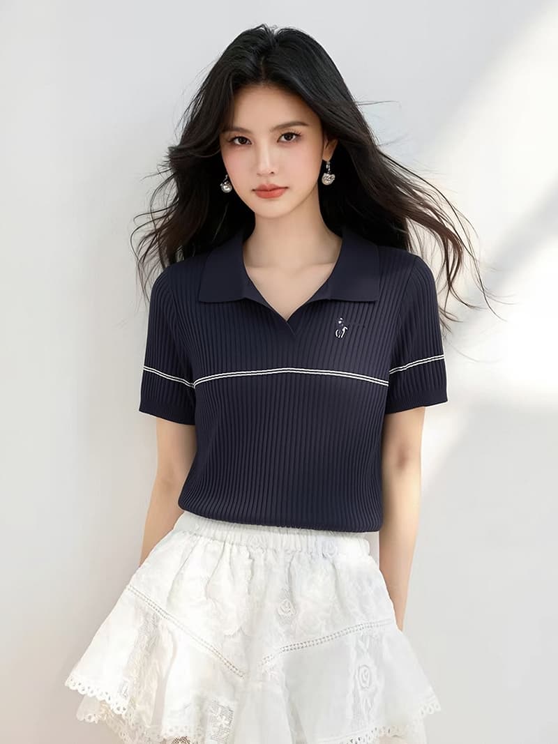 한 부서 품격 작은 말 자수 POLO 칼라 반팔 니트 스웨터 여성 여름 디자인 센스 몸매 가꾸기 슬림해 보이는 다용도 맨위 상세 이미지 1