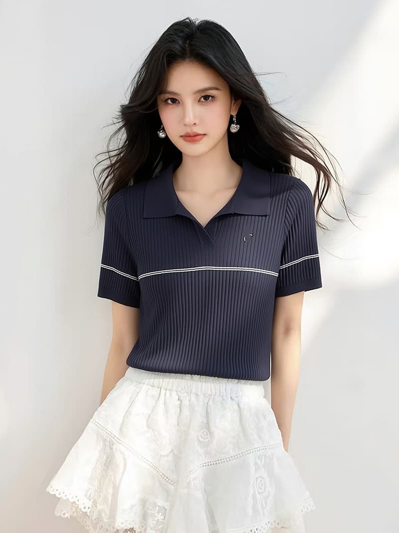 한 부서 품격 작은 말 자수 POLO 칼라 반팔 니트 스웨터 여성 여름 디자인 센스 몸매 가꾸기 슬림해 보이는 다용도 맨위 상세 이미지 5