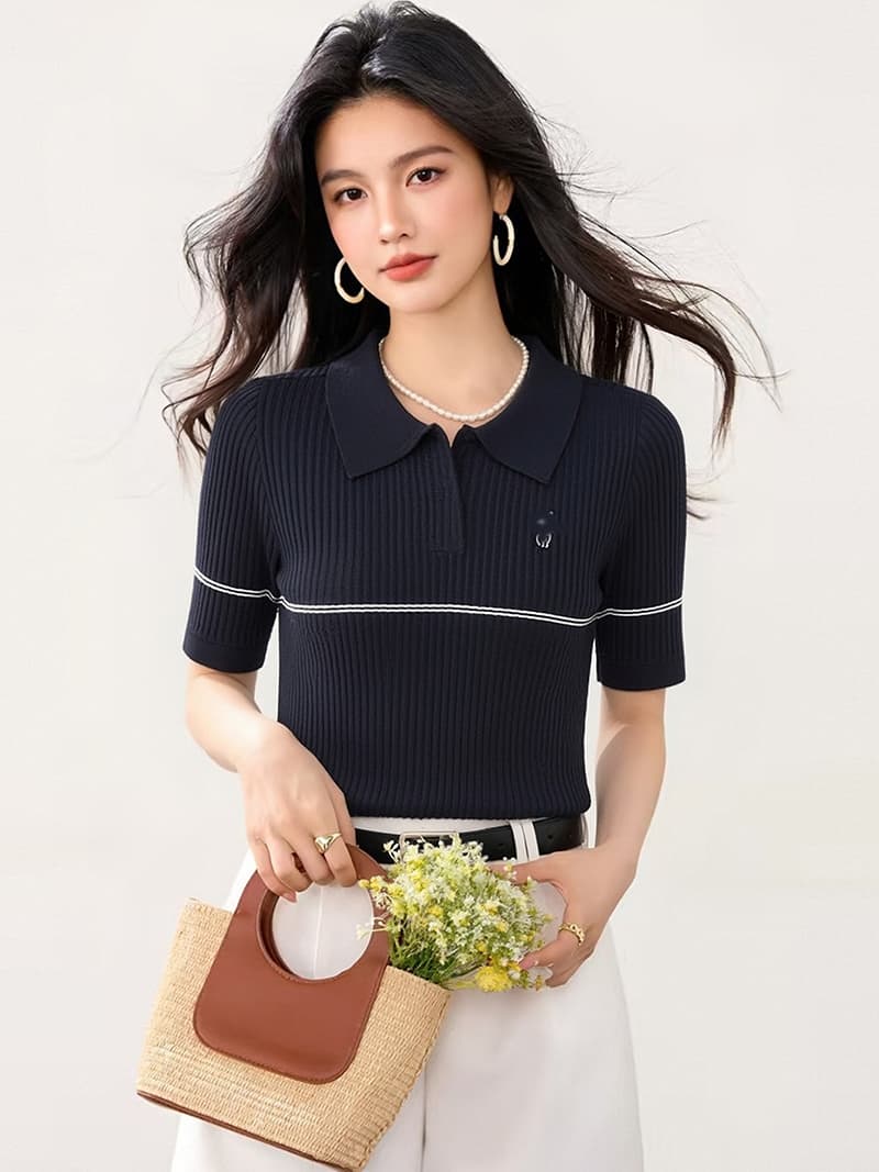 한 부서 품격 작은 말 자수 POLO 칼라 반팔 니트 스웨터 여성 여름 디자인 센스 몸매 가꾸기 슬림해 보이는 다용도 맨위 상세 이미지 6