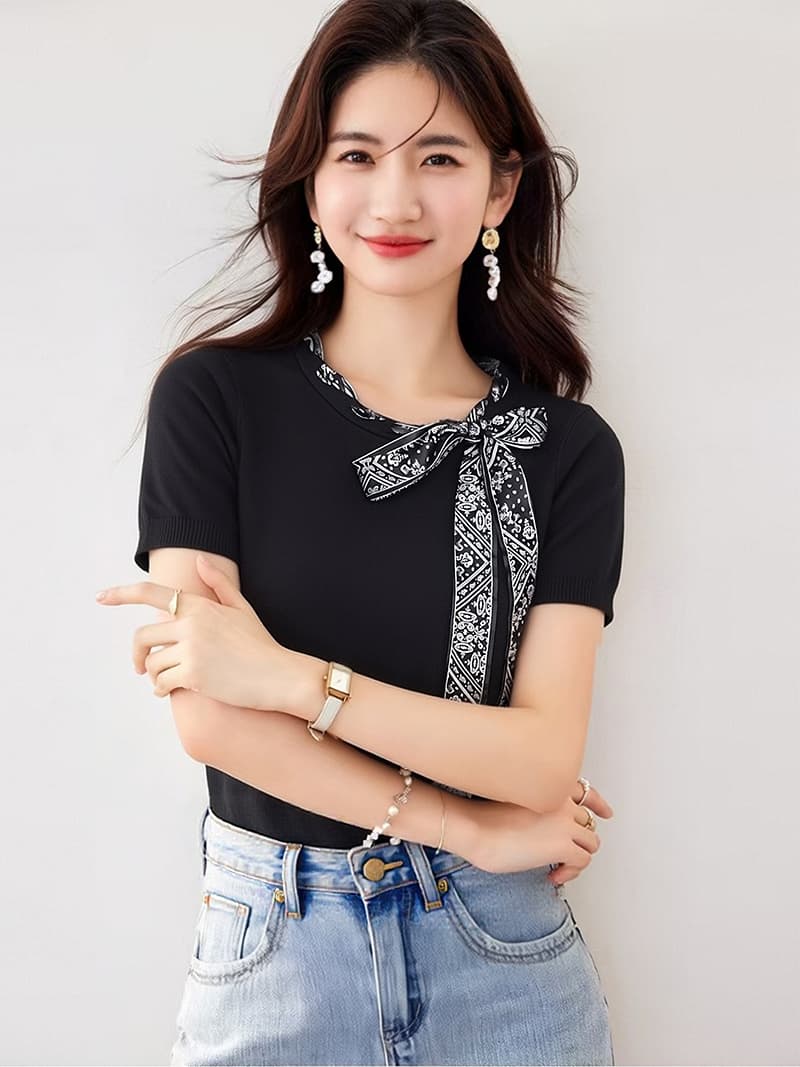한국 스타일 라운드 넥 레이스업 반팔 니트 스웨터 2026 봄 여름 프로 피부 편안함 느긋한 바람 다용도 품격 작은 셔츠 맨위