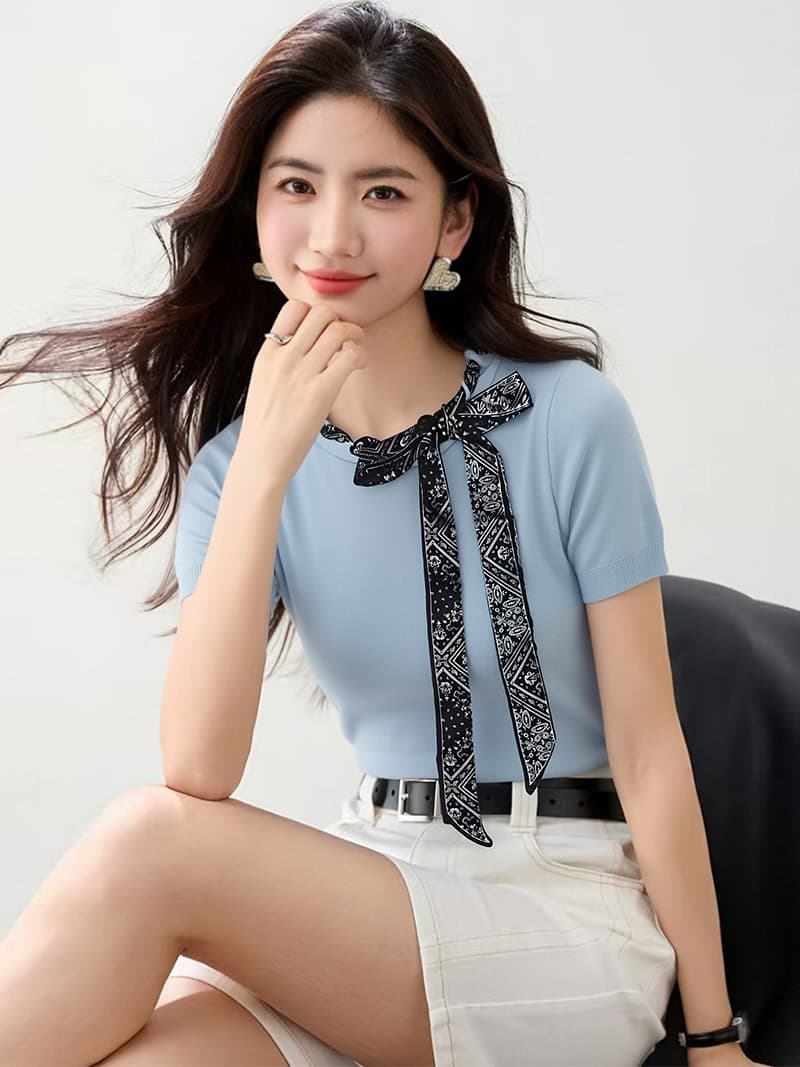 한국 스타일 라운드 넥 레이스업 반팔 니트 스웨터 2026 봄 여름 프로 피부 편안함 느긋한 바람 다용도 품격 작은 셔츠 맨위 상세 이미지 9