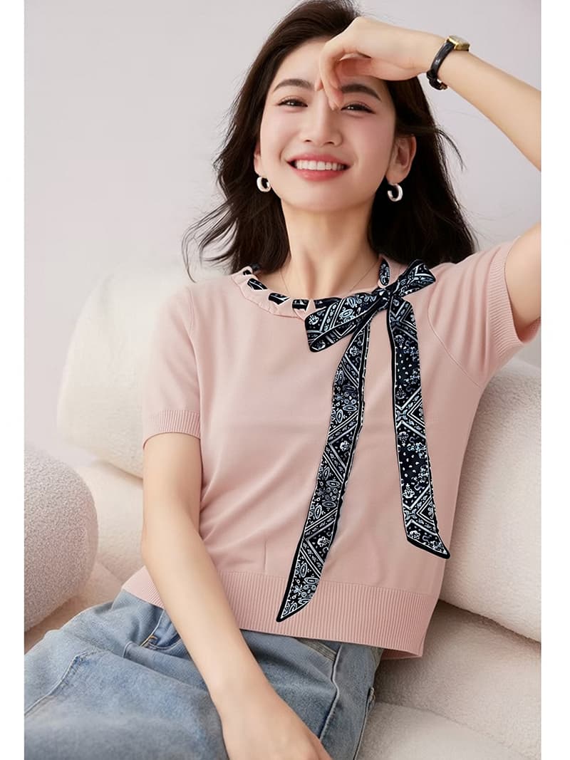 한국 스타일 라운드 넥 레이스업 반팔 니트 스웨터 2026 봄 여름 프로 피부 편안함 느긋한 바람 다용도 품격 작은 셔츠 맨위 상세 이미지 11