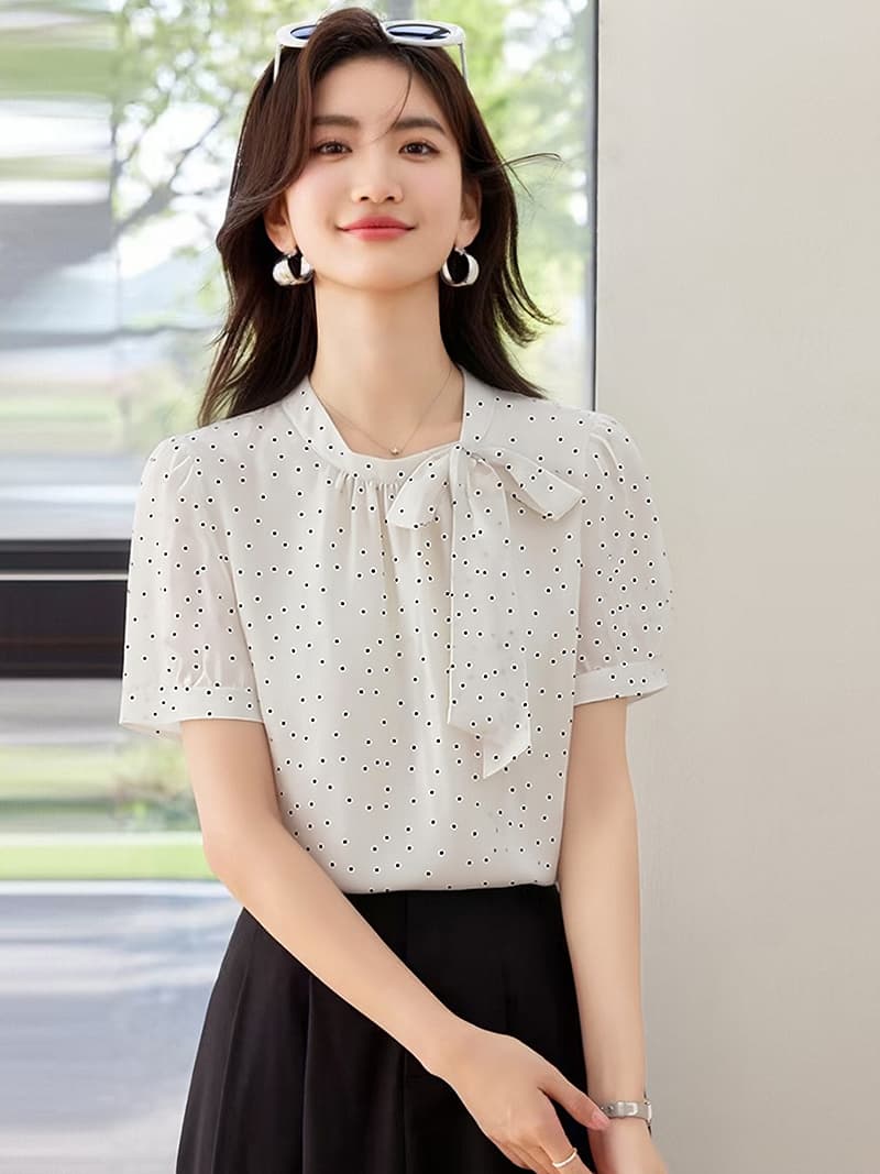 프랑스식 도트 무늬 시폰 셔츠 여성 여름 새로운 품격 출퇴근 리본 작은 스탠드 칼라 작은 셔츠 맨위 이미지 2